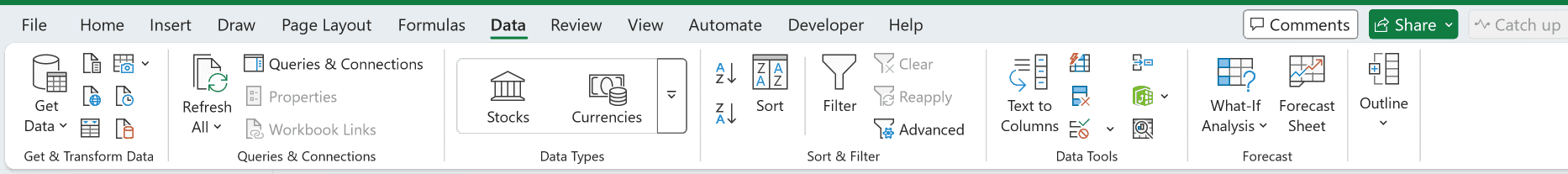 The Data tab in the Excel ribbon