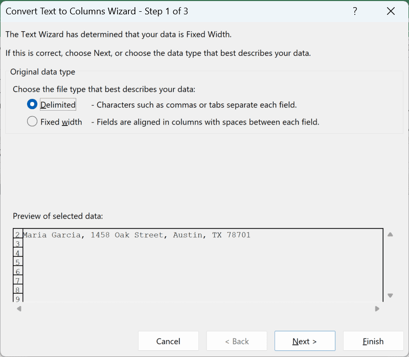 Convert Text to Columns Wizard step 1 with Delimited selected