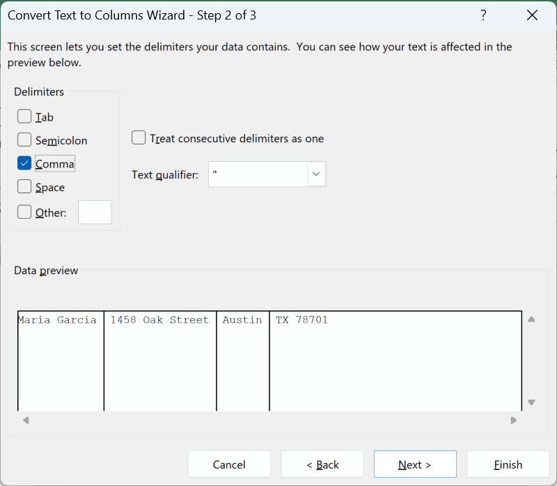 Convert Text to Columns Wizard step 2 with only Comma checked as the delimiter