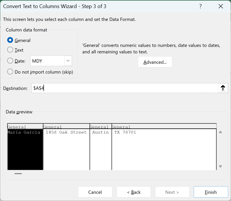 Convert Text to Columns Wizard step 3 with $A$4 as the destination