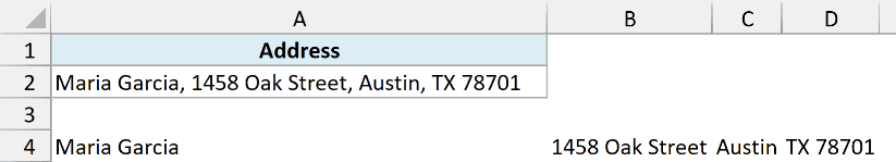 Text to Columns result with the address split across A4:D4