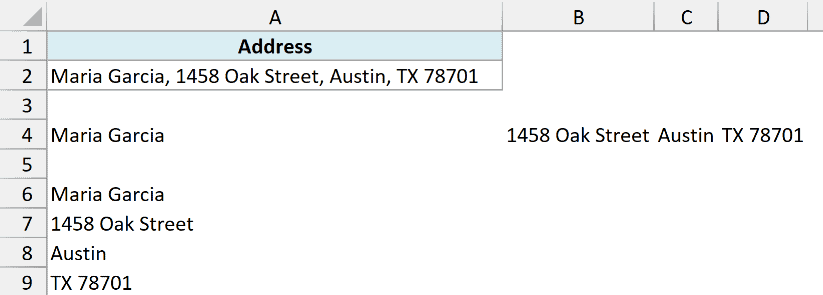 The four address parts transposed into rows in A6:A9