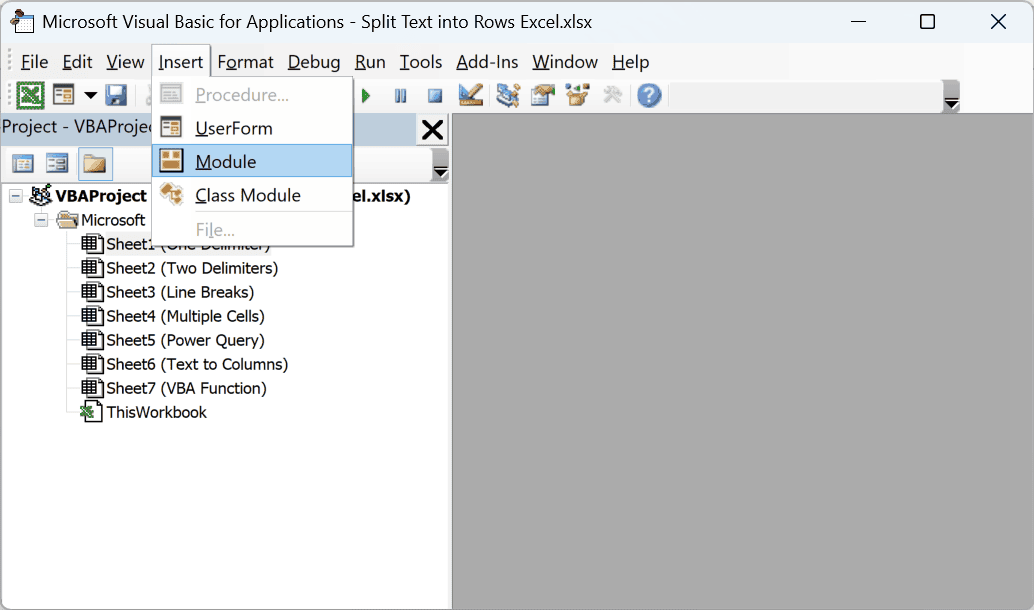Insert menu open in the VB Editor with Module highlighted
