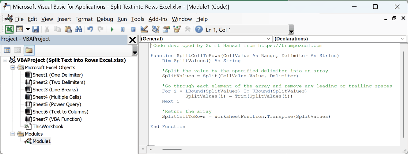 The SplitCellToRows function code pasted into a module in the VB Editor