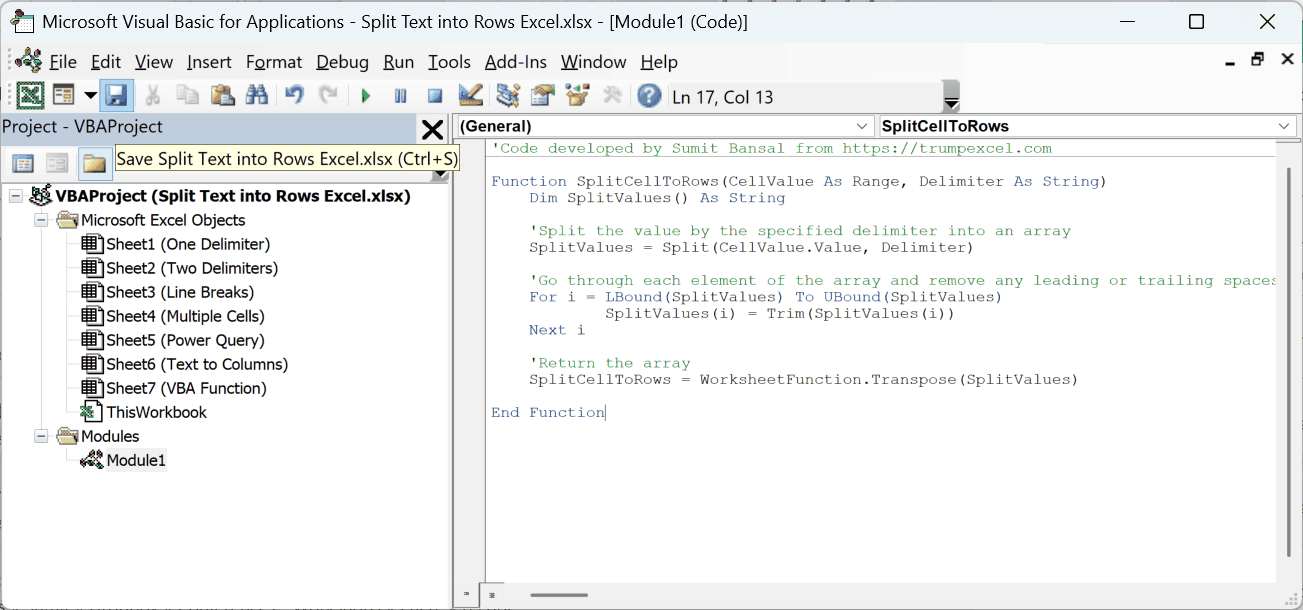 Save icon in the VB Editor toolbar