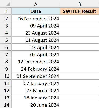 Date dataset for the SWITCH function