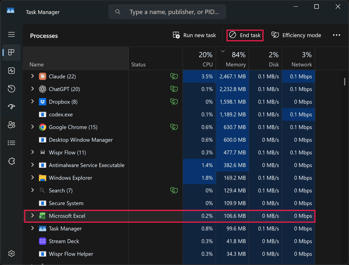 Microsoft Excel selected in Task Manager with the End task button at the top