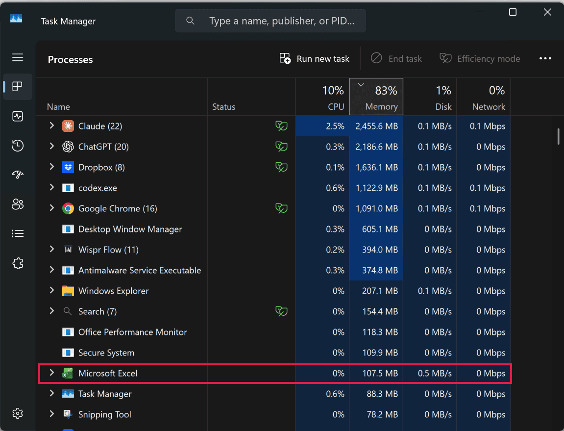 Task Manager showing Microsoft Excel still running in the background