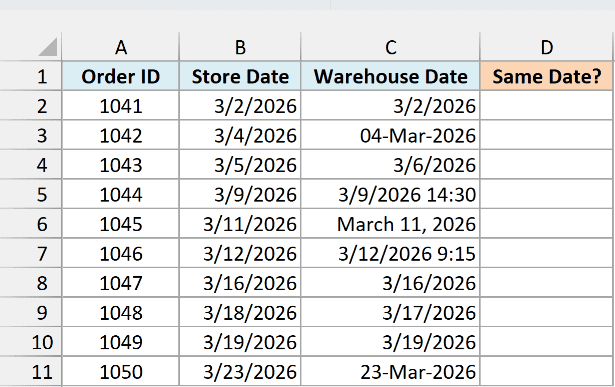 Order dates where cells C5 and C7 also contain a time, shown next to the store dates in column B.