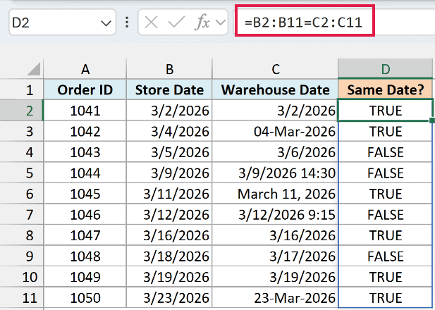 Equal-to formula returning FALSE in D5 and D7 because the warehouse dates also have a time part.
