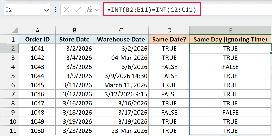 INT formula comparing only the date part of both columns, so dates with a time part now return TRUE.