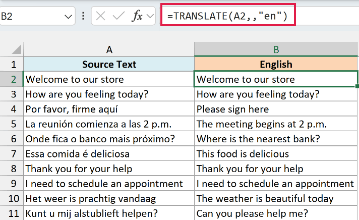 Excel TRANSLATE formula automatically detecting source languages and translating text in column A into English in column B
