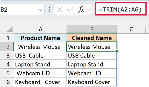 Excel formula bar showing =TRIM(A2:A6) applied to a list of product names in column B to remove extra spaces