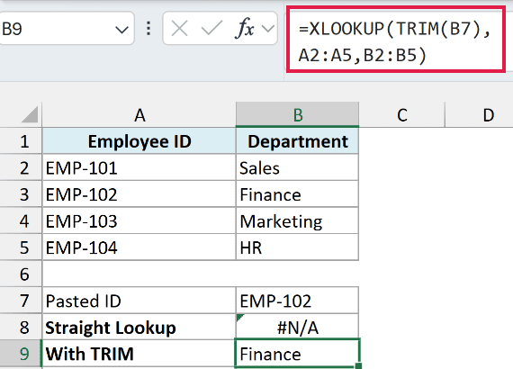 Excel formula =XLOOKUP(TRIM(B7),A2:A5,B2:B5) in cell B9 returning Finance after removing the trailing space from the lookup value in B7