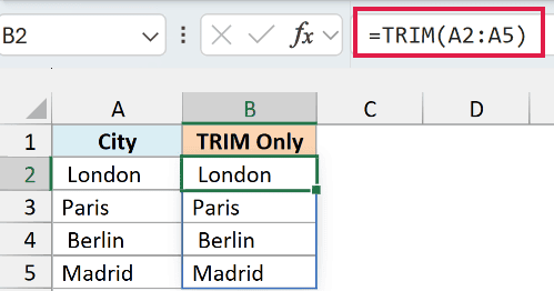Excel formula bar showing =TRIM(A2:A5) applied to a column labeled TRIM Only to clean city names in cells B2 through B5