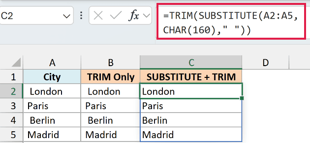 Excel formula bar showing TRIM and SUBSTITUTE functions used to clean non-breaking spaces from a list of city names