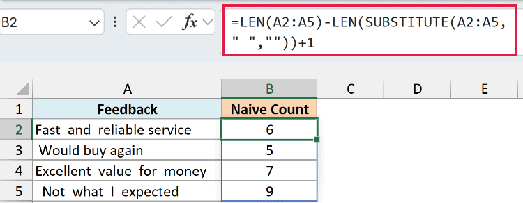 Excel formula for naive word count using LEN and SUBSTITUTE functions applied to a list of feedback text in column A