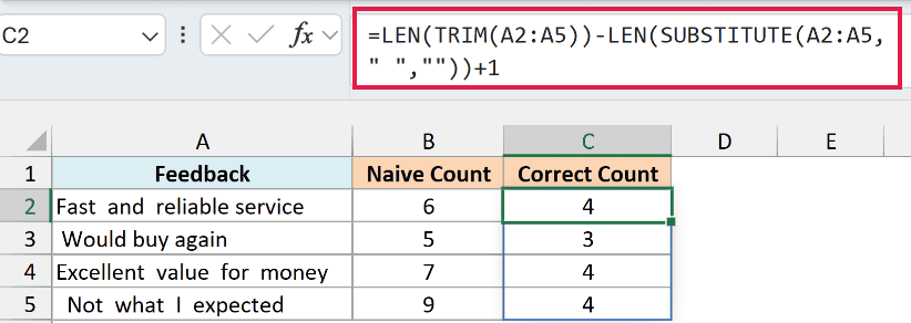 Excel formula using TRIM and SUBSTITUTE to calculate the correct word count for text in column A