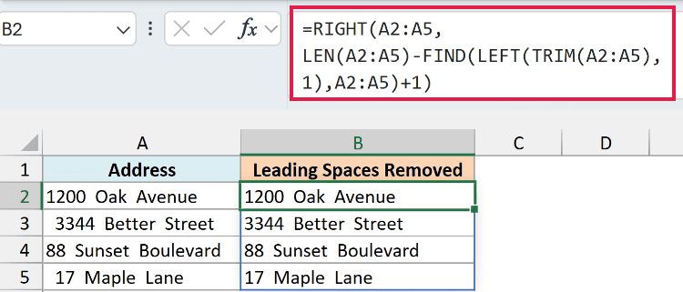 Excel formula in the formula bar to remove only leading spaces from text in column A, displaying results in column B