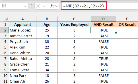 Excel formula bar showing AND function with conditions for age and years employed returning TRUE in cell D2