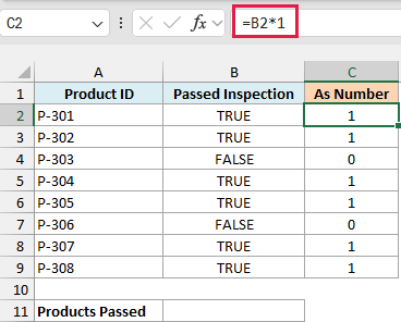 Excel formula =B2*1 in the formula bar converting TRUE and FALSE logical values in column B to 1 or 0 in column C
