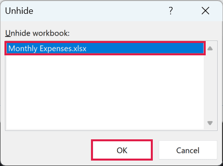 The Unhide dialog box with the hidden workbook selected