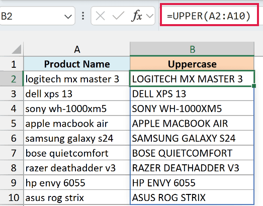 Excel formula =UPPER(A2:A10) converting a column of product names into uppercase text in column B