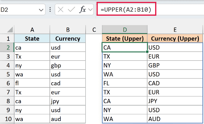 Excel formula =UPPER(A2:B10) applied to columns A and B, spilling uppercase results into columns D and E