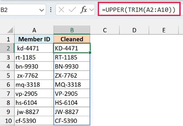 Excel formula bar showing =UPPER(TRIM(A2:A10)) to convert Member IDs in column A to uppercase in column B
