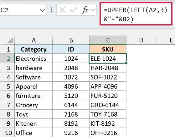 Excel formula using UPPER, LEFT, and concatenation to generate uppercase SKUs from category and ID columns