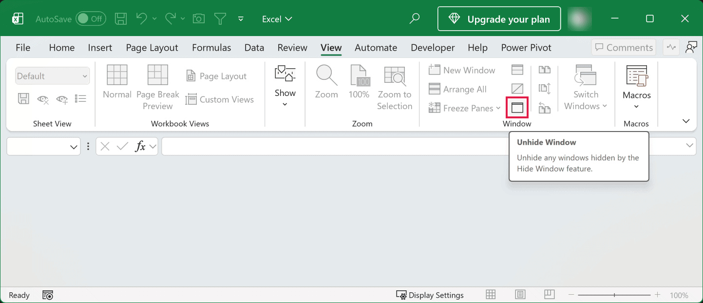 The Unhide button in the Window group of the View tab