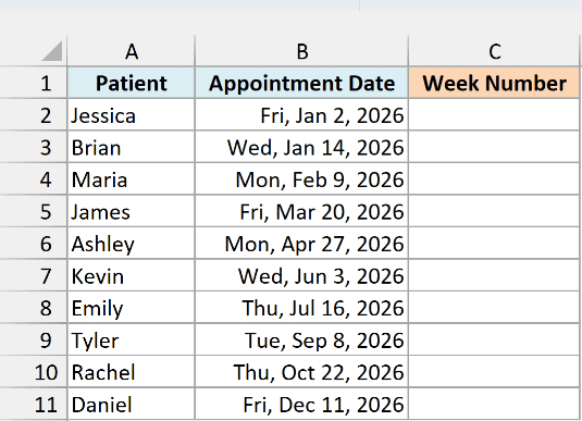 Dentist appointment dates for ten patients with an empty Week Number column.