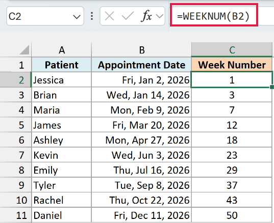 WEEKNUM in C2 returns the week of the year for each appointment date, with weeks starting on Sunday.