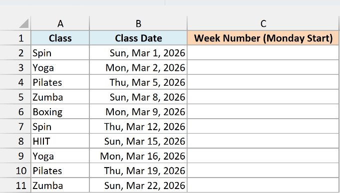 A gym class schedule for March 2026 with Sunday and Monday dates and an empty Monday-start week column.