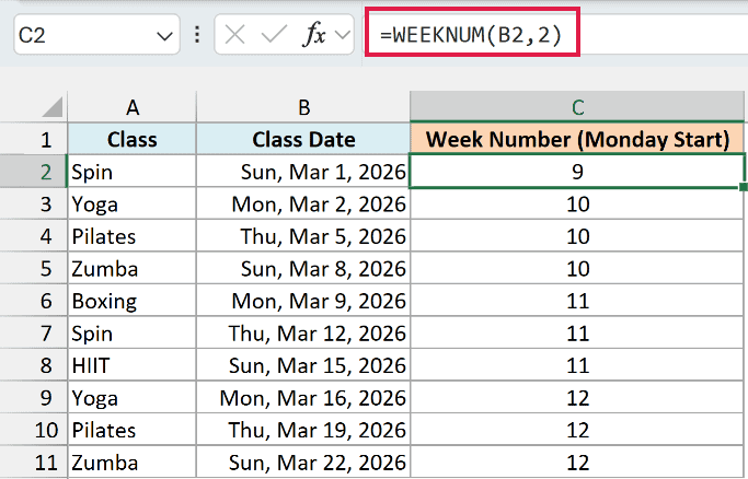 WEEKNUM with return_type 2 puts Sunday, March 1 in week 9 and starts week 10 on Monday, March 2.