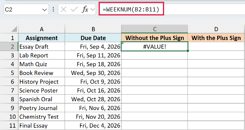 WEEKNUM given the plain range B2:B11 returns a #VALUE! error instead of spilling.