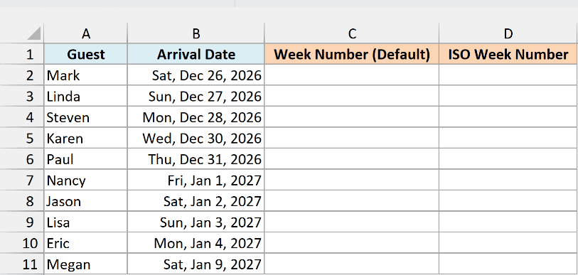 Vacation rental arrival dates from December 26, 2026 to January 9, 2027 with empty default and ISO week columns.