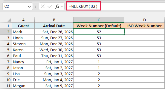Default WEEKNUM puts December 27 to 31 in week 53 and restarts at week 1 on January 1, 2027.