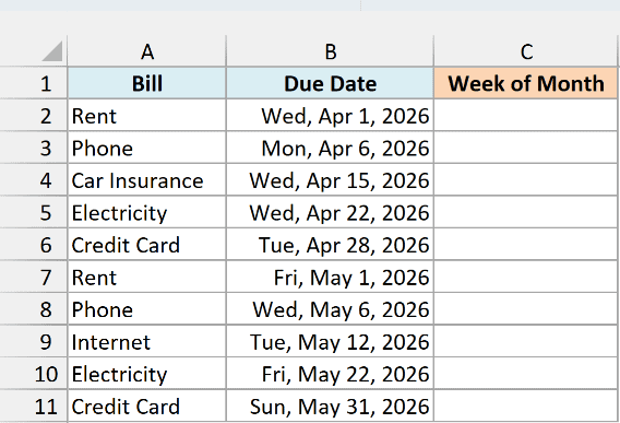 Household bill due dates in April and May 2026 with an empty Week of Month column.
