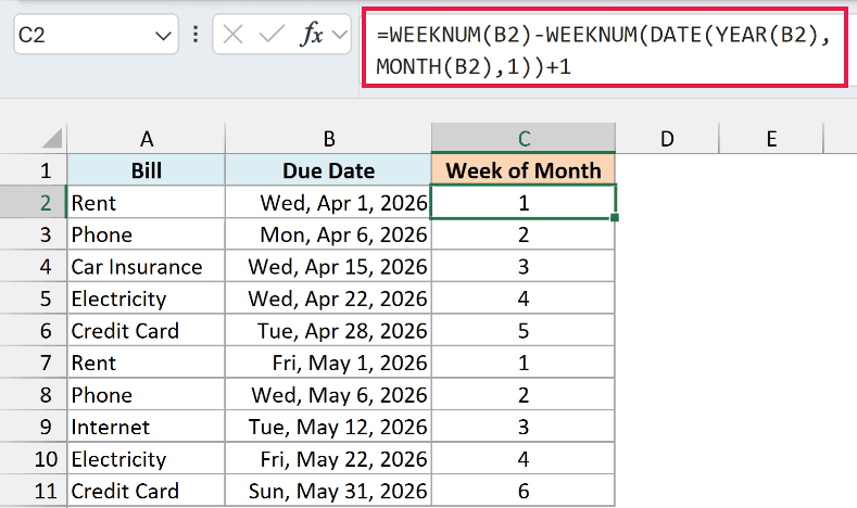The week-of-month formula returns 1 to 6, with Sunday, May 31 landing in week 6.