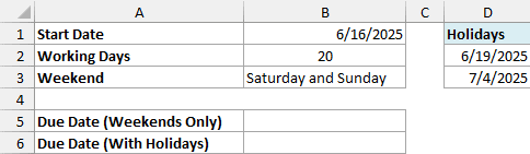 Excel ex3 data showing a start date of 6/16/2025 and a holiday list with dates 6/19/2025 and 7/4/2025