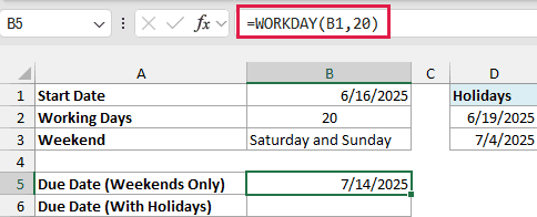Excel formula bar showing =WORKDAY(B1, 20) to calculate a due date while skipping weekends