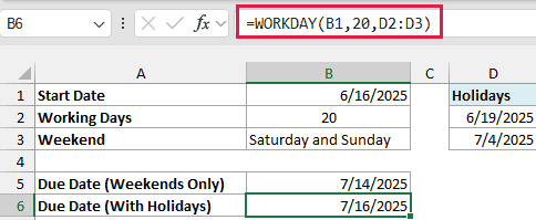 Excel formula bar showing WORKDAY function with a holiday range reference D2:D3 to calculate a due date