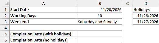 Excel table ex4 data showing start date 11/20/2026, 10 working days, and a list of holidays for date calculation