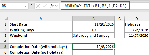 Excel WORKDAY.INTL formula highlighting holiday range D2:D3 to calculate a completion date from a start date and days