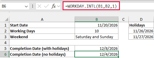 Excel formula bar showing WORKDAY.INTL(B1, B2, 1) to calculate a completion date without excluding holidays