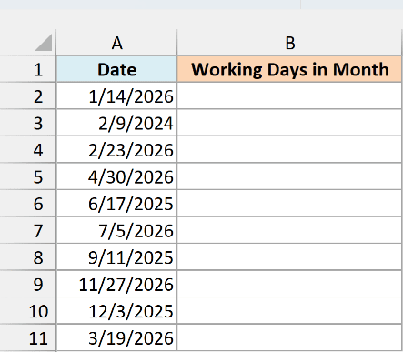 A list of dates in column A for counting the working days in each month.
