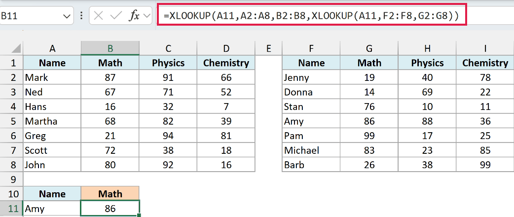 Nested XLOOKUP finding Amy in the second table and returning her Math score of 86.