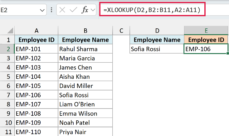XLOOKUP returning EMP-106 for Sofia Rossi from the column to the left of her name.